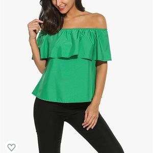 Sherosa  Casual Off The Shoulder Ruffled Green Top Size Medium